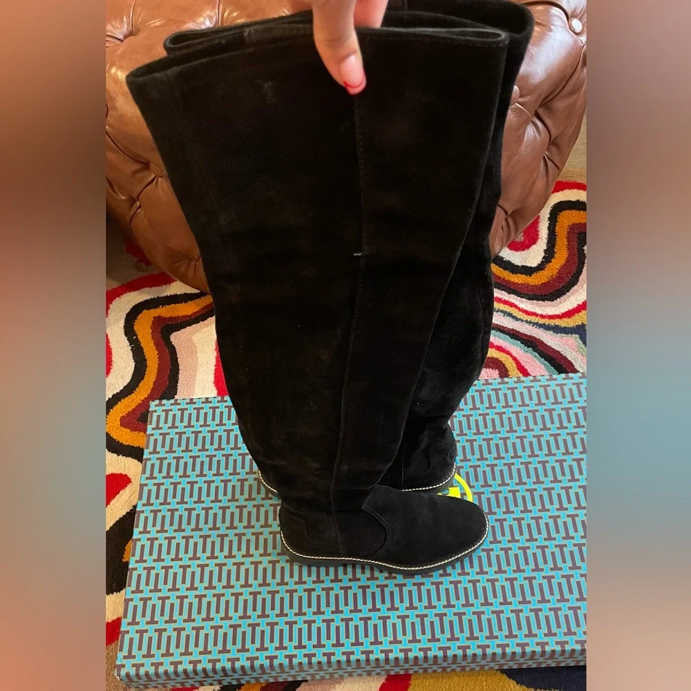 Tory Burch Black Suede Over-the-Knee Lug Sole Boots